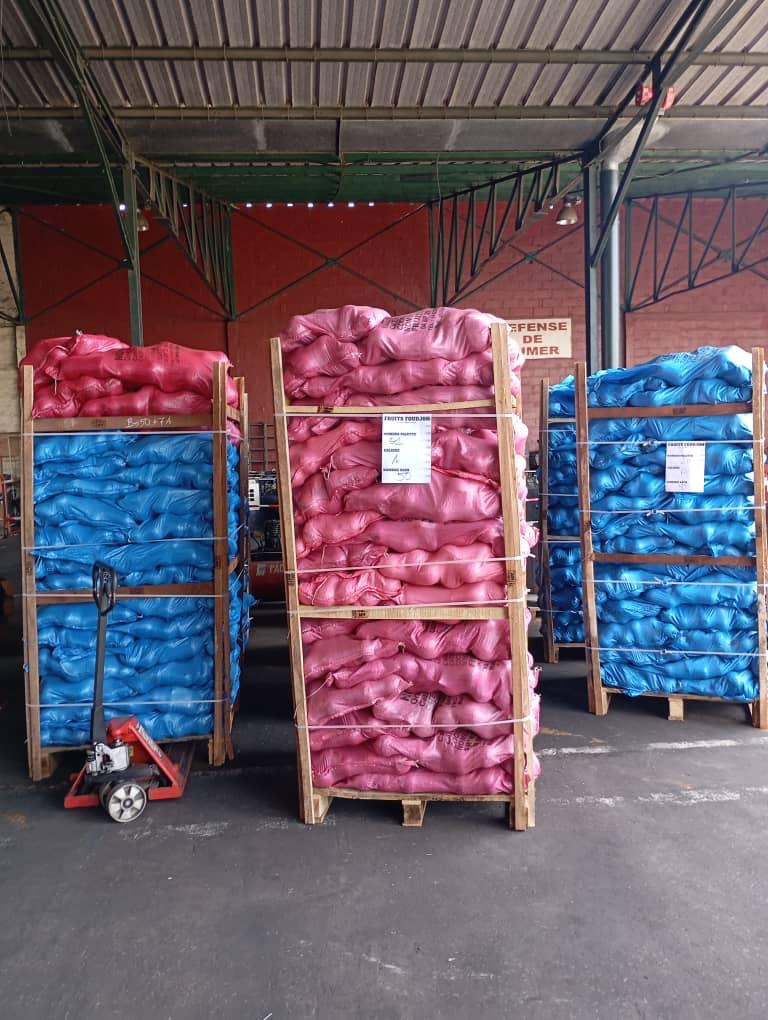 SOSAF-CI logistics warehouse — coconut pallets ready for shipping